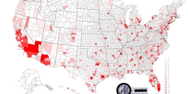 A map showing the largest geographical concentrations of murder incidents across the country.