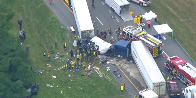 At least one person was reported dead in a multi-vehicle wreck.