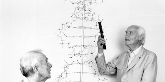 Francis Crick and James Watson recreate their demonstration of the double helix model for DNA in 1990.