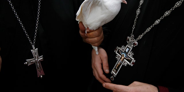 A Greek Orthodox priest holds a dove before a ceremony at the baptismal site known as Qasr el-Yahud on the banks of the Jordan River near the West Bank city of Jericho January 18, 2011