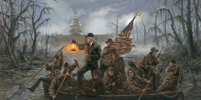 Jon McNaughton's "Crossing the Swamp" is a riff on the classic "Washington Crossing the Delaware," but replacing George Washington's crew with members of President Trump's administration.