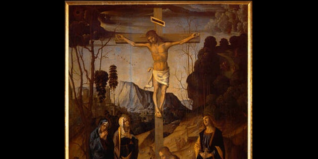 A portion of the 1490 painting "Crucifixion of Jesus of Nazareth," by Marco Palmezzano, currently held at the Uffizi Gallery in Florence, Italy.