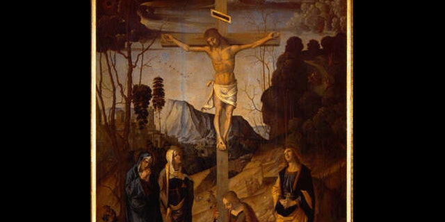 A portion of the 1490 painting "Crucifixion of Jesus of Nazareth," by Marco Palmezzano, currently held at the Uffizi Gallery in Florence, Italy.