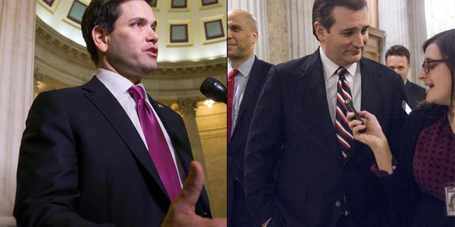 Feb. 10, 2016: Sens. Marco Rubio, left, and Ted Cruz take a break from the campaign trail -- to vote on Capitol Hill. (AP)