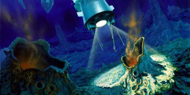 An artist's impression of a torpedo-shaped cryobot having penetrated through Europa's ice layer and released a probe into the ocean below.