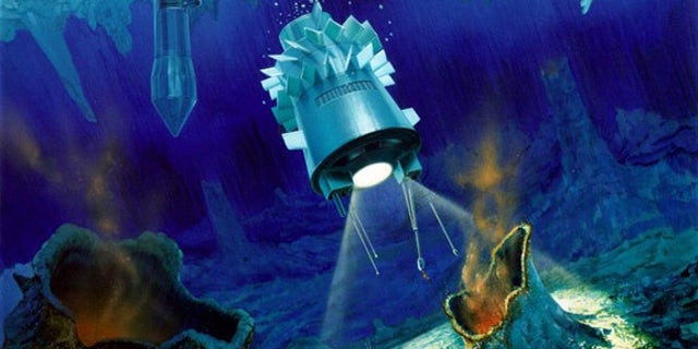 An artist's impression of a torpedo-shaped cryobot having penetrated through Europa's ice layer and released a probe into the ocean below.