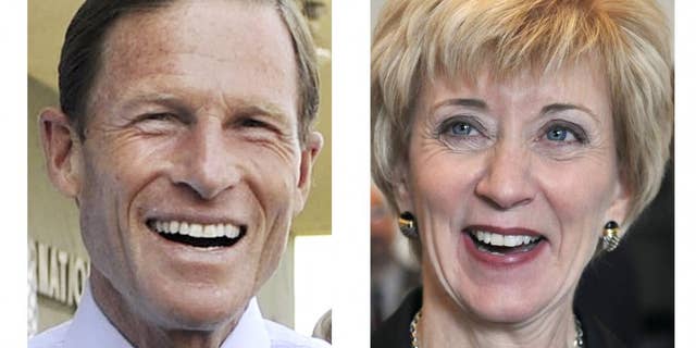 This combination of 2010 photos shows Democrat Richard Blumenthal, left, and Republican Linda McMahon, right, candidates in the Nov. 2, general election in Connecticut for the U.S. Senate seat being vacated by Christopher Dodd. (AP Photo/Jessica Hill)