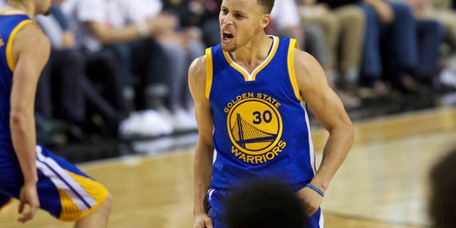 May 9, 2016: Golden State Warriors guard Stephen Curry reacts after making a basket against the Portland Trail Blazers during the second half of Game 4 of an NBA basketball second-round playoff series.