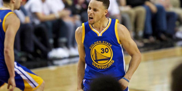 May 9, 2016: Golden State Warriors guard Stephen Curry reacts after making a basket against the Portland Trail Blazers during the second half of Game 4 of an NBA basketball second-round playoff series.