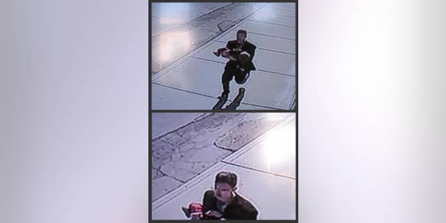 In this combination of still images taken from surveillance video on Sunday, March 8, 2015, and provided by the Lincoln County Sheriff's Office, a man runs down a street, carrying a toddler in an apparent kidnapping attempt in Sprague, Wash. The video shows the boy's young sister chasing after the man, who set the boy down and ran off. Lincoln County Sheriff Wade Magers says officers don't have any leads in the search for the suspect, but they don't believe the man is a resident of the town of about 500 people. The boy, 22-month-old Owen Wright, was unhurt. (AP Photo/Lincoln County Sheriff's Office)