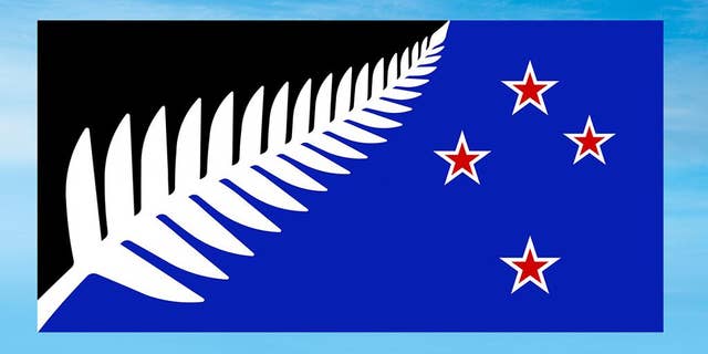 This undated illustration provided by the New Zealand Government shows a flag design; Silver Fern (Black, White and Blue) by Kyle Lockwood. Final results from a postal ballot were announced Tuesday, Dec. 15, 2015. The winning design features a silver fern and red stars on a black and blue background. The new design will now go head-to-head against the current flag in a national vote that will be held in March. (New Zealand Government via AP)