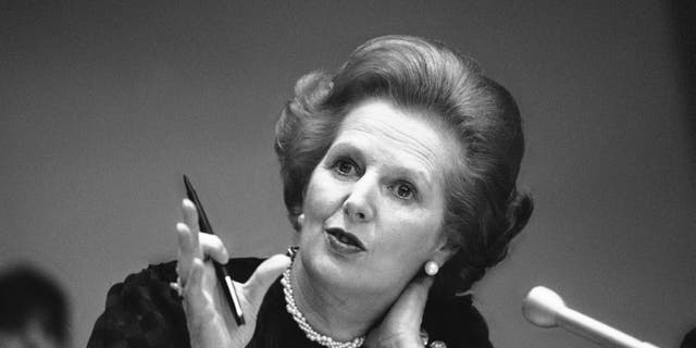FILE - In this June 23, 1982 file photo, Britain's Prime Minister Margaret Thatcher gestures with her pen as she answers a reporters question during a news conference at the United Nations. Ex-spokesman Tim Bell says that Thatcher has died. She was 87. Bell said the woman known to friends and foes as "the Iron Lady" passed away Monday morning, April 8, 2013. (AP Photo/File)
