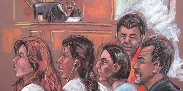 June 28: A court drawing shows five of the 11 alleged spies in a New York court appearance following their arrests (AFP).