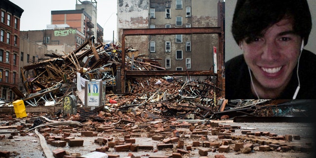 A pile of debris remains at the site of a building explosion in the East Village neighborhood of New York, Friday, March 27, 2015. Nineteen people were injured, four critically, after the powerful blast and fire sent flames soaring and debris flying Thursday afternoon. Inset: Nicholas Figueroa. (Photos: AP Photo/The New York Times, Nancy Borowick, Pool; Inset: Facebook)