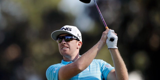 Hunter Mahan drives on the second tee in the final round of the Northern Trust Open golf tournament at Riviera Country Club in the Pacific Palisades area of Los Angeles Sunday, Feb. 17, 2013. (AP Photo/Reed Saxon)