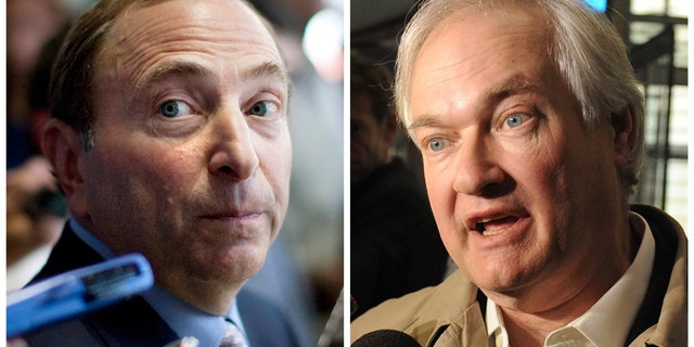 This photo combo shows NHL Commissioner Gary Bettman, left, talking to the media in Toronto, on Thursday, Aug. 23, 2012, and at right is Donald Fehr, executive director of the NHL Players' Association, speaking to the media, Friday, Nov. 9, 2012, in New York. The NHL and the players' association said they reached a tentative agreement early Sunday, Jan. 6, 2013, in New York, to end a nearly four-month-old lockout that threatened to wipe out the season. (AP Photo)