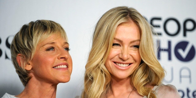 Comedian Ellen Degeneres and actress Portia de Rossi pose backstage after Degeneres won the award for Favorite Talk Show Host at the 35th annual People's Choice awards in Los Angeles January 7, 2009.