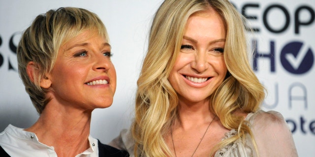 Comedian Ellen Degeneres and actress Portia de Rossi pose backstage after Degeneres won the award for Favorite Talk Show Host at the 35th annual People's Choice awards in Los Angeles January 7, 2009.