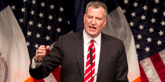 Feb. 10, 2014: New York Mayor Bill de Blasio delivers his State of the City address at LaGuardia Community College in the Queens borough of New York.