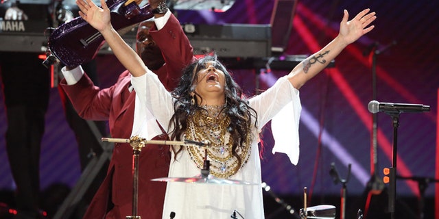 Sheila E. performs a tribute to Prince at the BET Awards at the Microsoft Theater on Sunday, June 26, 2016, in Los Angeles. (Photo by Matt Sayles/Invision/AP)