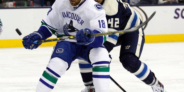 Vancouver Canucks' Ryan Stanton, left, works for the puck in front of Columbus Blue Jackets' Artem Anisimov, of Russia, during the second period of an NHL hockey game in Columbus, Ohio, Friday, Nov. 28, 2014. (AP Photo/Paul Vernon)