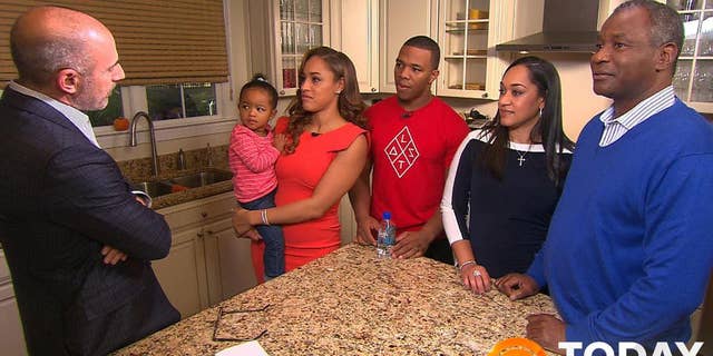 In this image from video provided by The Today Show, host Matt Lauer, left, interviews Janay Rice, holding daughter Rayven, and Ray Rice. Joining them are Janay's parents, Candy and Joe Palmer, right. Janay Rice says NFL Commissioner Roger Goodell wasn't being honest when he said Ray Rice was "ambiguous" about hitting her in a casino elevator. (AP Photo/The Today Show)