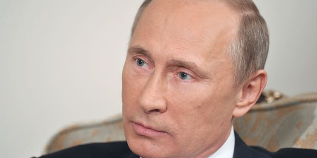 April 2, 2013: Russian President Vladimir Putin speaks during an interview with the German ARD television in the Novo-Ogaryovo residence outside Moscow, Russia.