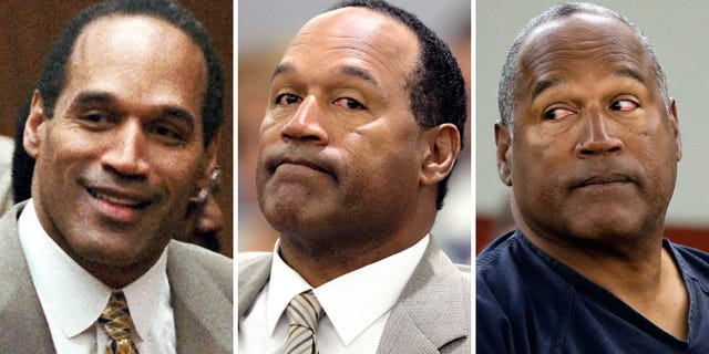 From left, O.J. Simspon on Oct. 3, 1995, after the jury acquitted him in the murders of Nicole Brown Simpson and Ronald Goldman in Los Angeles; Simpson, center, in court on the first day his trial for armed robbery and kidnapping, Sept 15, 2008, in Las Vegas; and right, Simpson in Clark County District Court seeking a new trial on May 13, 2013, in Las Vegas.