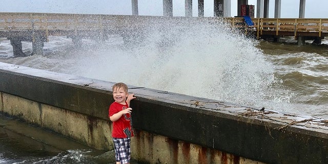 A large wave churned up by Tropical Depression Cindy hits a sea wall at the harbor in Pass Christian, Miss., on Thursday, June 22, 2017.