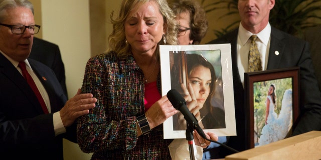 FILE 2015: Debbie Ziegler, mother of Brittany Maynard, speaks to the media after the passage of legislation, which would allow terminally ill patients to legally end their lives, at the state Capitol, in Sacramento.