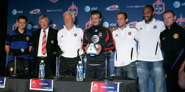 July 25: Javier "Chicarito" Hernandez of Manchester United, Manchester United Head Coach Sir Alex Ferguson, MLS All-Stars Head Coach Hans Backe, MLS All-Star David Beckham, MLS All-Star Brad Davis, MLS All-Star Thierry Henry and Wayne Rooney of Manchester United.