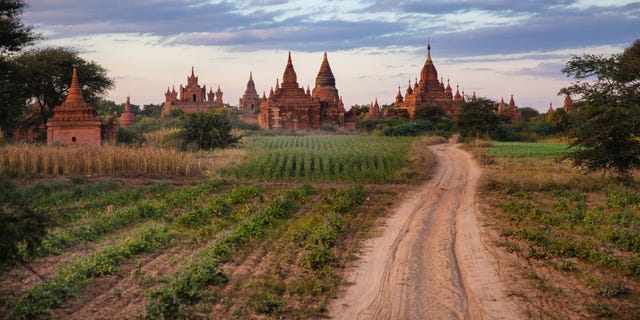 This December 2012 photo shows agricultire and some of the over 2200 Pagodas found in Bagan, Myanmar. (AP Photo/Richard Camp)
