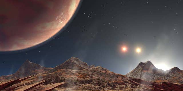 An artist's illustration of exoplanet in a triple-star system.