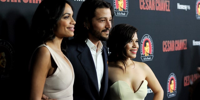 LOS ANGELES, CA - MARCH 20: (L-R) Actress Rosario Dawson, director Diego Luna and actress America Ferrera arrive at the premiere of Pantelion Films And Participant Media's "Cesar Chavez" at the Chinese Theatre on March 20, 2014 in Los Angeles, California. (Photo by Kevin Winter/Getty Images)