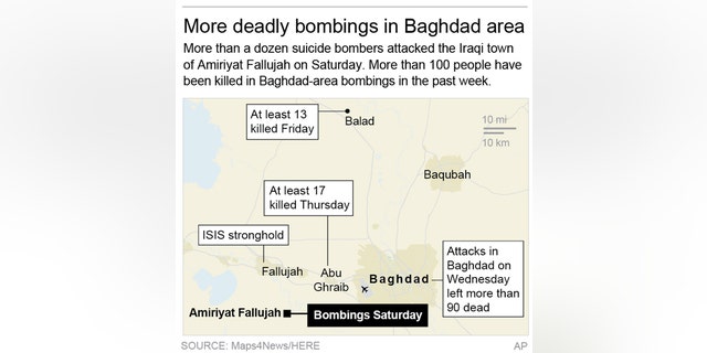Map locates areas in and near Baghdad where there have been deadly bombings in the past week; 2c x 3 1/4 inches; 96.3 mm x 82 mm;