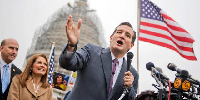 UNITED STATES - DECEMBER 03: Sen. Ted Cruz, R-Texas, speaks at the podium as Reps. Louie Gohmert, R-Texas, and Michelle Bachmann, R-Minn., look on, during a rally on the east front lawn of the Capitol to call for the defunding of President Obama's executive action that gives a temporary reprieve to undocumented immigrants.