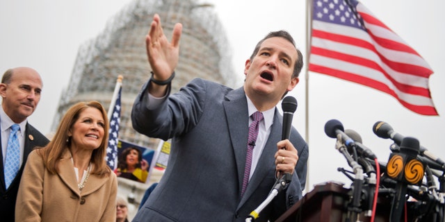 UNITED STATES - DECEMBER 03: Sen. Ted Cruz, R-Texas, speaks at the podium as Reps. Louie Gohmert, R-Texas, and Michelle Bachmann, R-Minn., look on, during a rally on the east front lawn of the Capitol to call for the defunding of President Obama's executive action that gives a temporary reprieve to undocumented immigrants.