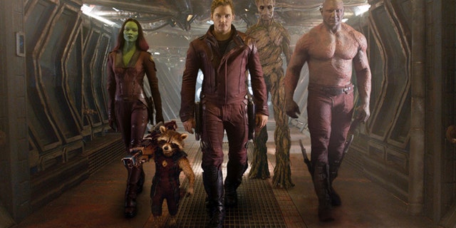 This image released by Disney - Marvel shows, from left, Zoe Saldana, the character Rocket Racoon, voiced by Bradley Cooper, Chris Pratt, the character Groot, voiced by Vin Diesel and Dave Bautista in a scene from "Guardians of the Galaxy." (AP Photo/Disney - Marvel)
