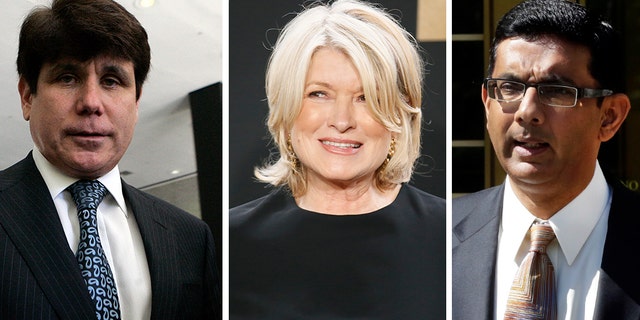President Trump on Thursday pardoned conservative filmmaker Dinesh D'Souza, right. The president said later in the day he would consider pardoning or commuting the sentences of Martha Stewart, center, and former Illinois Gov. Rod Blagojevich, left.