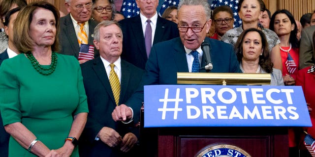 FILE - In this Sept. 6, 2017 file photo, Senate Minority Leader Chuck Schumer of N.Y., accompanied by House Minority Leader Nancy Pelosi of Calif., left, and others members of the House and Senate Democrats, speaks during a news conference on Capitol Hill in Washington. Itâs beginning to look like Congressâ election-year battle over immigration could end up in stalemate or a narrowly focused bill. The kind of broader measure that President Donald Trump has proposed is running into trouble. The reasons: Deep gaps between the two parties, internal divisions particularly among Republicans and political incentives that might leave each side content with a minimal compromise or even nothing at all. ( AP Photo/Jose Luis Magana)