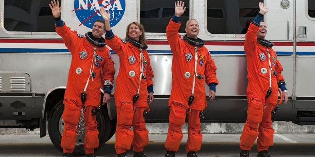 The final crew of Space Shuttle Atlantis (from left to right): mission specialists Rex Walheim and Sandy Magnus, pilot Doug Hurley, and command Chris Ferguson.