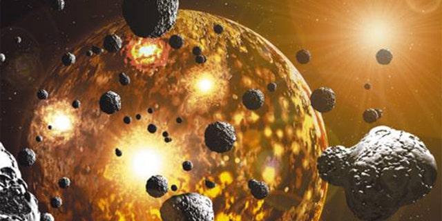 An artist's impression of the Earth during the period of meteorite bombardment 3.9 billion years ago.