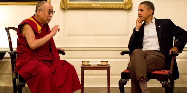 July 16: President Barack Obama meets with His Holiness the XIV Dalai Lama in the Map Room of the White House.