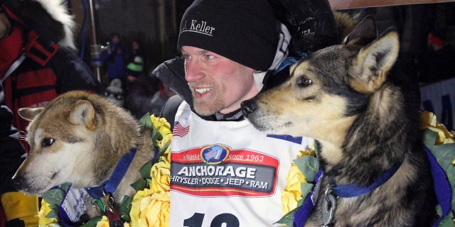 In this March 15, 2016, file photo, Dallas Seavey poses with his lead dogs Reef, left, and Tide after finishing the Iditarod Trail Sled Dog Race in Nome, Alaska.