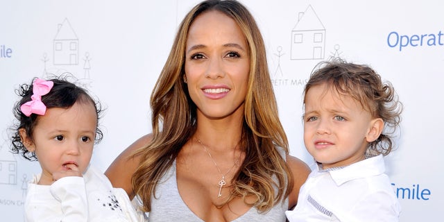 Dania Ramirez and daughter Gaia and son John on November 21, 2015 in Beverly Hills, California.