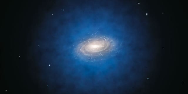 April 18, 2012: The most accurate study so far of the motions of stars in the Milky Way has found no evidence for dark matter in a large volume around the Sun. The blue halo of material surrounding the Milky Way in this artist's impression indicates the previously expected distribution of the mysterious dark matter.