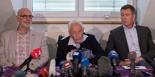 Philip Nitschke, founder and director of the pro-euthanasia group Exit International, 104-year-old Australian scientist David Goodall and lawyer Moritz Gall, from left, attended press conference a day before Goodall's assisted suicide.