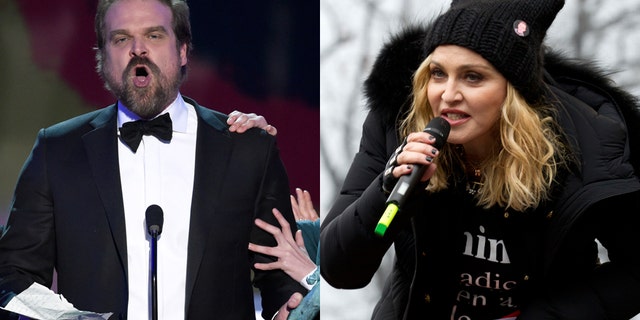 David Harbour, left, and Madonna have both made headlines for speaking out against President Trump.
