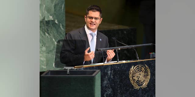 FILE - In this file photo dated Tuesday, Sept. 25, 2012,  Vuk Jeremic speaks during the 67th session of the General Assembly at U.N. headquarters Tuesday, Sept. 25, 2012.  Serbia's former foreign minister Jeremic announced Tuesday April 12, 2016, the Serbian government has put forward his candidacy to be the next Secretary-General of the United Nations. (AP Photo/Seth Wenig, FILE)