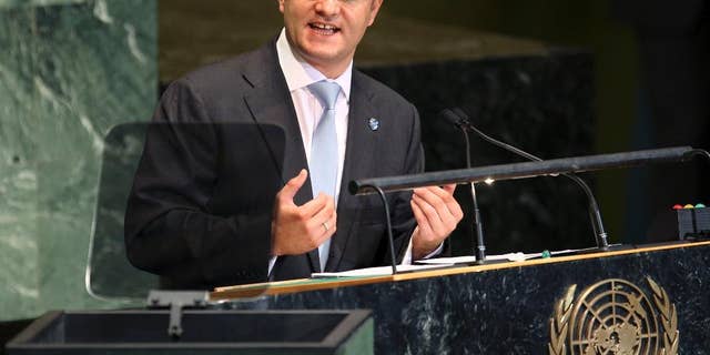 FILE - In this file photo dated Tuesday, Sept. 25, 2012, Vuk Jeremic speaks during the 67th session of the General Assembly at U.N. headquarters Tuesday, Sept. 25, 2012. Serbia's former foreign minister Jeremic announced Tuesday April 12, 2016, the Serbian government has put forward his candidacy to be the next Secretary-General of the United Nations. (AP Photo/Seth Wenig, FILE)